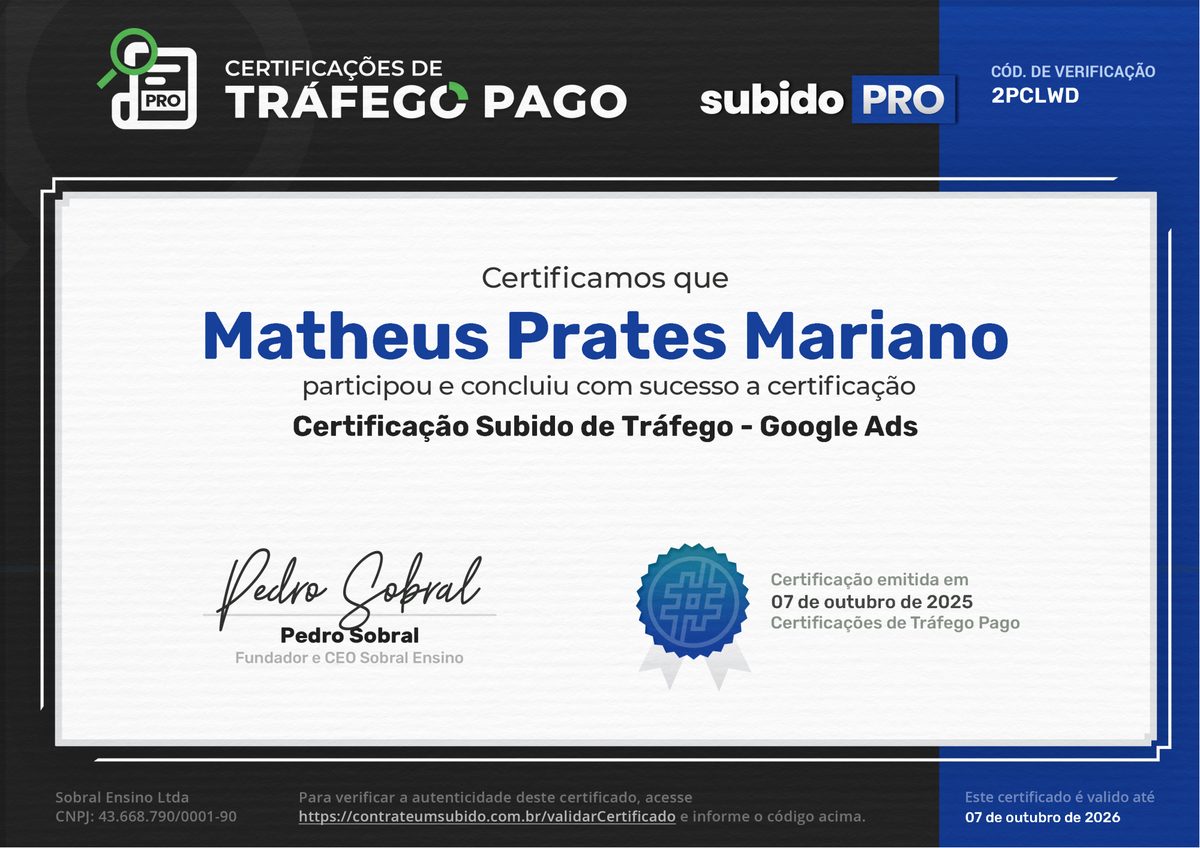 Certificado de certificação Google Ads de Matheus Prates